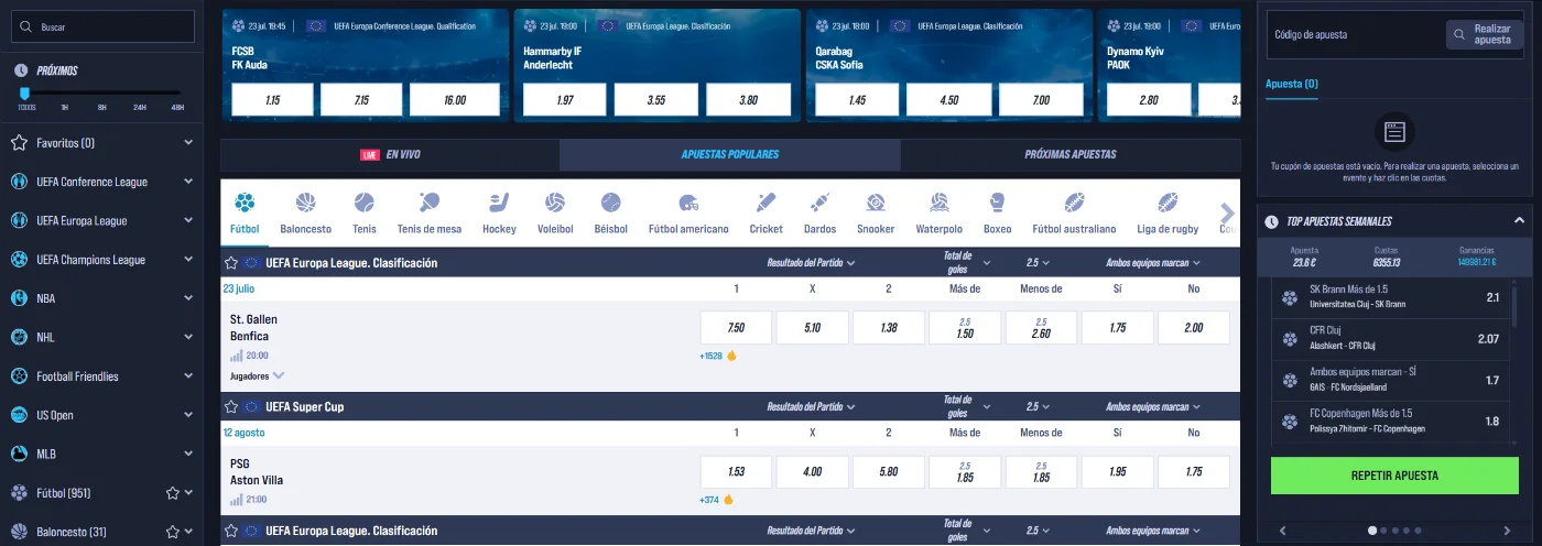 VegasHero Deportes Apuestas de Fútbol VegasHero Deportes plataforma de apuestas con cuotas de fútbol UEFA y apuestas populares semanales