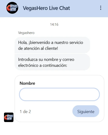 VegasHero Chat en Vivo VegasHero Live Chat de atención al cliente solicitando nombre y correo electrónico